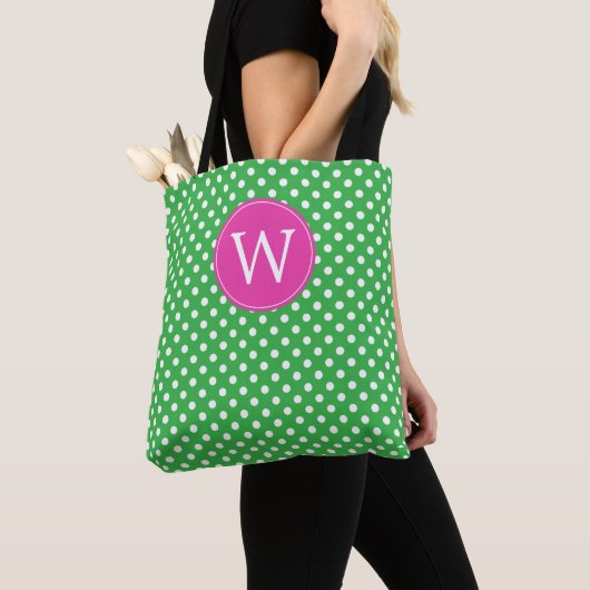 Grün-weiß gepunktet mit rosa Monogramm Tasche (Von Nahem)