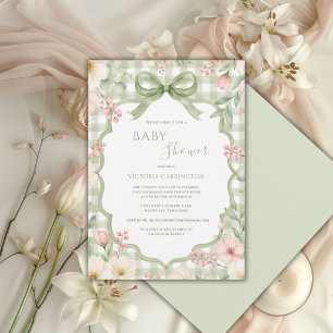 Grün Weiß Gingham Blumen-Whimsical-Baby-Party Einladung