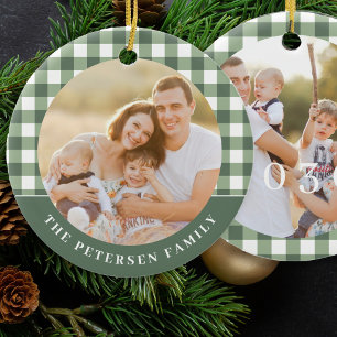 Grün weiß Gingham Karo 2 Foto Familienweihnachten Keramik Ornament