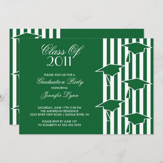 Grün & Weiß Grad Hats Abschluss Einladung (Vorne/Hinten)