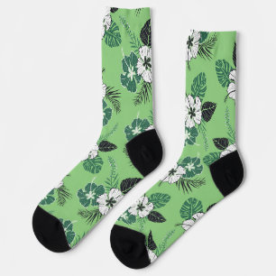 Grün-Weiß-Hibiskus auf hellgrün Socken