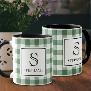 Grün-weiß kariert, schwarze Typografie Monogramm N Tasse