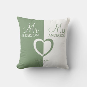 Grün weiß Mr. Mrs. Herzenshochzeit Throw Pillow Kissen