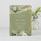 Grün-Weiß-Peony-Lights Hochzeitsfeier Einladung (Stehend Vorderseite)