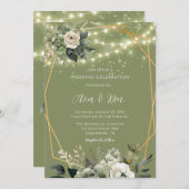 Grün-Weiß-Peony-Lights Hochzeitsfeier Einladung (Vorne/Hinten)
