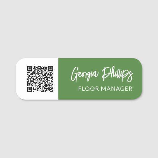 Grün/Weiß QR-Code - Brush-Skript Namensschild (Vorderseite)