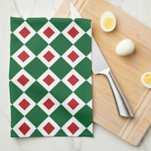 Grün, Weiß, rotes Diamantmuster Geschirrtuch (Viertel Falte)