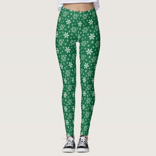 Grün-Weiß-Schneeflockenmuster Leggings (Vorderseite)