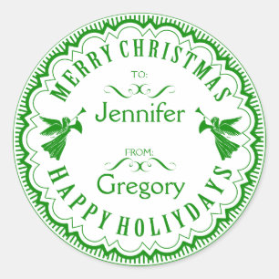 Grün & Weiß Typografisches Weihnachten mit Engeln Runder Aufkleber