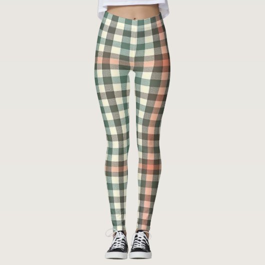 Grün, Weiß und Orange Kariert Leggings (Vorderseite)