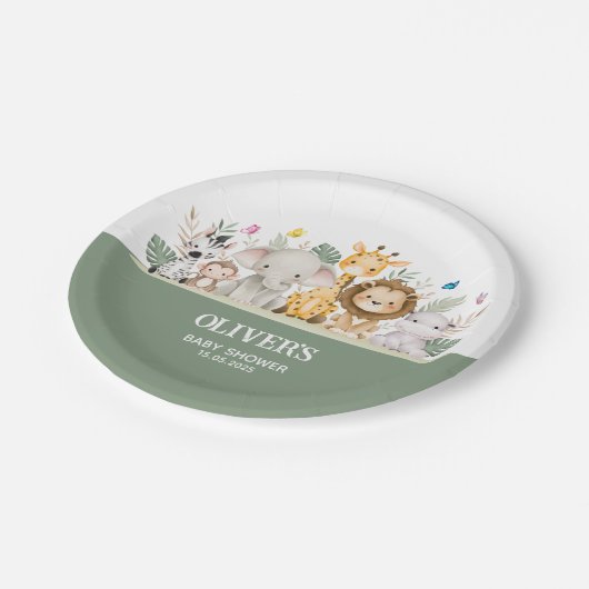 Grün-Weiß-Wasserfarben-Babydusche Pappteller (Schrägansicht)