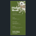 Grün & Weiß Winterwald Bouquet Moderne Hochzeit Menükarte<br><div class="desc">Dieses moderne Hochzeitsmenü verfügt über ein Weihnachtsbouquet in Aquarellfarben aus Set aus Waldblättern auf einem Olivenhain.Oben steht "Dinner menu" in einem weißen,  extra großen Schriftart. Alle anderen Menüdetails befinden sich in einem Schriftart mit weißem San-Serif. Die Rückseite ist ein koordinierender solider grüner Hintergrund.</div>
