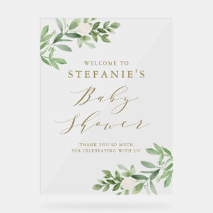 Grün Weiße Blume Gold Baby Dusche Willkommen Acrylschild