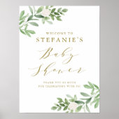 Grün Weiße Blume Gold Baby Dusche Willkommen Poster (Vorne)