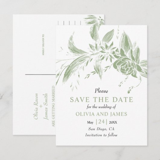 Grün-weiße Blume Save the Date Postkarte (Vorne/Hinten)