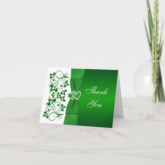 Grün, Weiße Blüte, Herz Hochzeit Danke Karte (Vorderseite)