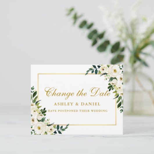 Grün weiße Blüten in Aquarellen ändern das Datum G Postkarte (Stehend Vorderseite)