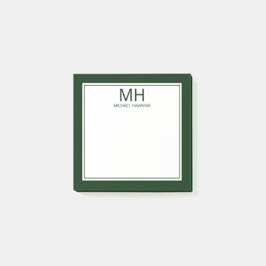 Grün Weiße Monogramm Herren Post-it Klebezettel (Vorderseite)