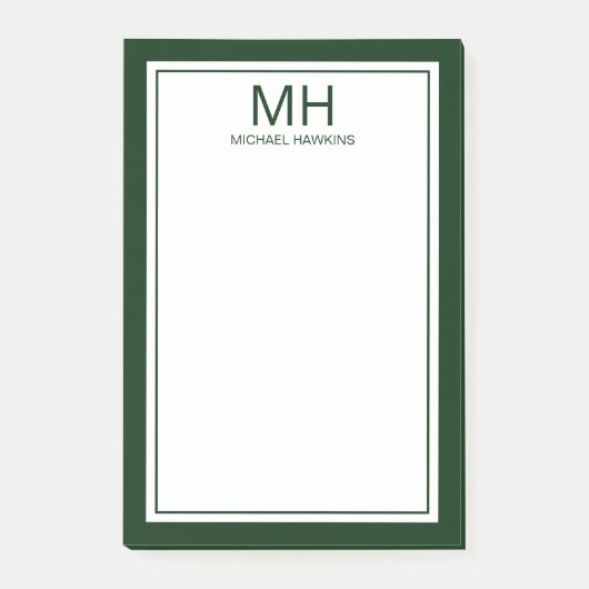 Grün Weiße Monogramm Herren Post-it Klebezettel (Vorderseite)