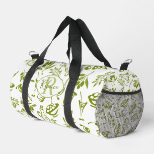 Grün Weiße Olivenölblatt-Monogramm-Name-Muster Duffle Bag