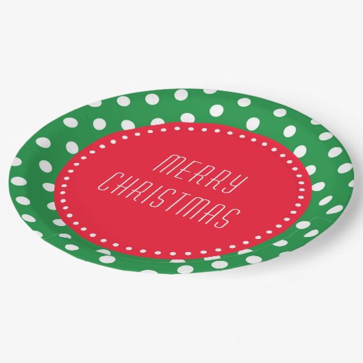 Grün-weiße Polka-Punkte mit rotem Weihnachtsbuch Pappteller (Schrägansicht)