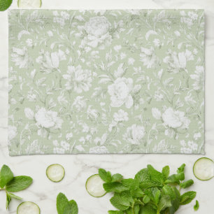 Grün Weiße Romantische Blumen   Geschirrtuch