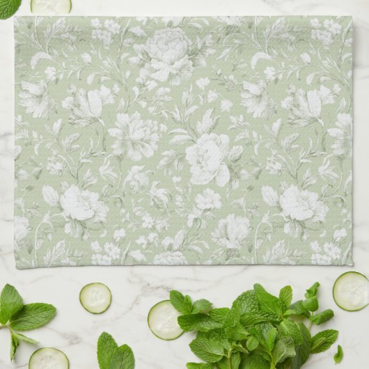 Grün Weiße Romantische Blumen Geschirrtuch (Gefaltet)