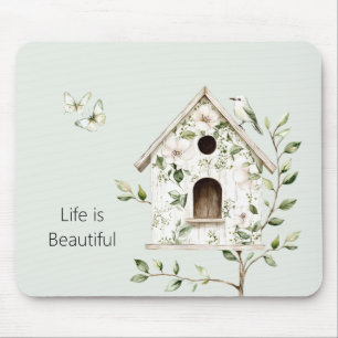 Grün Weiße Vogel Haus Blätter Blumen Schmetterling Mousepad