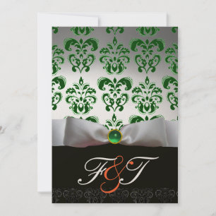 GRÜN WEIßES BAND & SCHWARZ DAMAST MONOGRAMM Orange Einladung