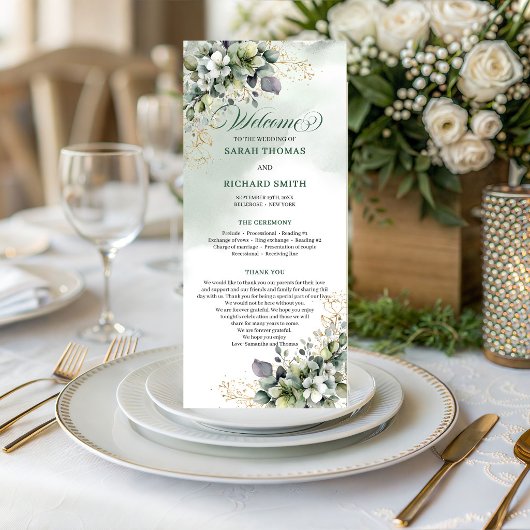 Grün-weißes botanisches Aquarell-Hochzeitsprogramm Programm