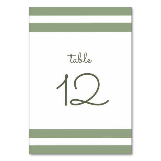 Grün | White Stripes Wedding Tischnummer Card (Vorderseite)