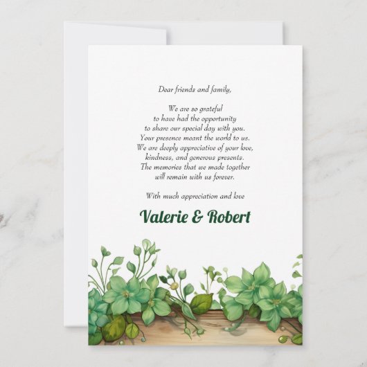 Grünanlage und Frühjahrshochzeit des Fotos Dankeskarte (Rückseite)