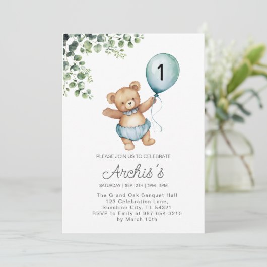 Grünbär Geburtstagsfeier Einladung, erste Teddy Einladung (Stehend Vorderseite)
