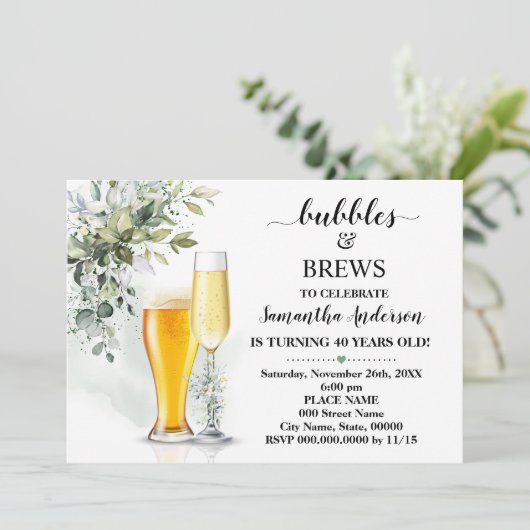 Grünblasen und Bräuner Erwachsene Geburtstag Einladung (Stehend Vorderseite)