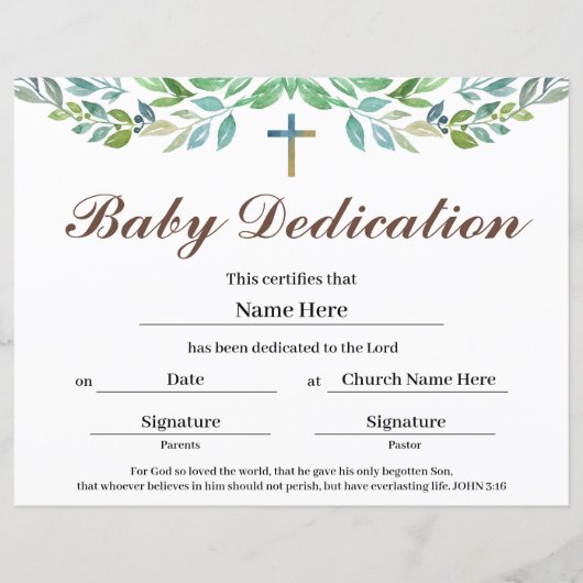 Grünblatt Baby Dedication Certificate (Vorderseite)