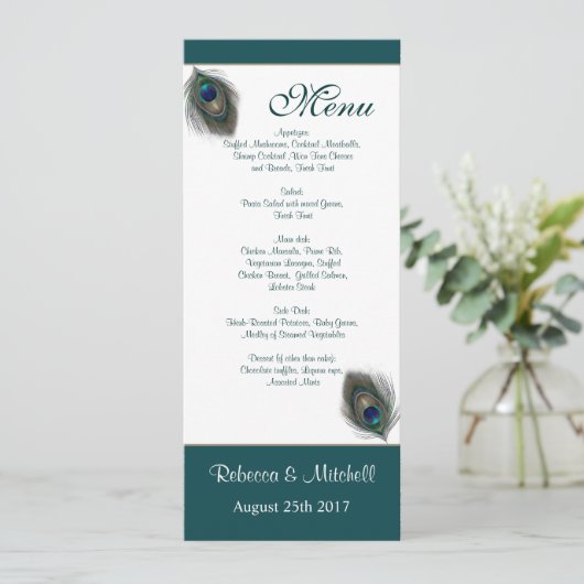 Grünblaue Pfauenfeathers Menü Einladung (Stehend Vorderseite)
