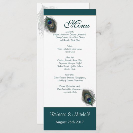 Grünblaue Pfauenfeathers Menü Einladung (Vorne/Hinten)