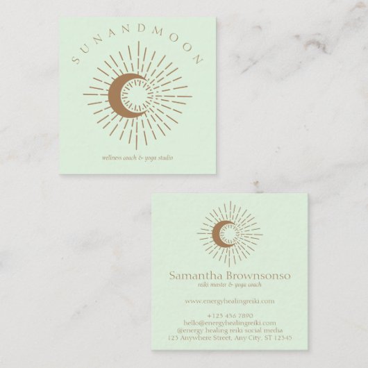 Grünbraun Minimal Moderner Himmelssonnenmond Quadratische Visitenkarte (Vorne/Hinten)