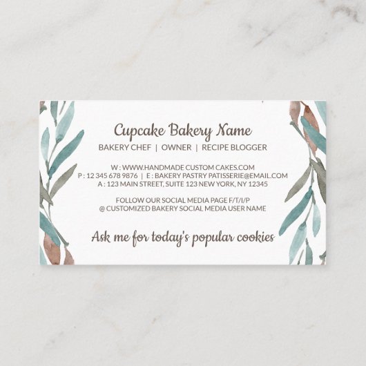 Grünbraun Rustikale Blume Rollbäckerei Button Visitenkarte (Rückseite)