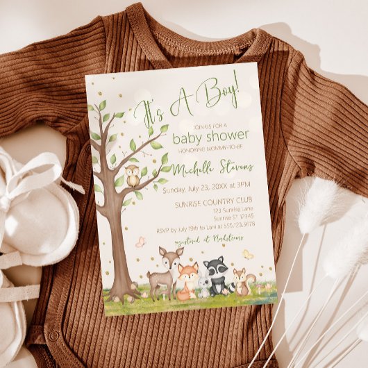 Grünbraune Boy Watercolor Waldtiere Einladung