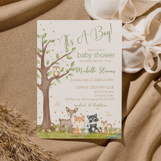 Grünbraune Boy Watercolor Waldtiere Einladung