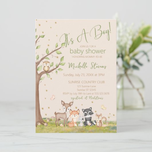 Grünbraune Wasserfarben Waldtiere Einladung (Stehend Vorderseite)