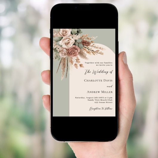 Grüncreme Rose Pampas Grasbogen Hochzeit Einladung