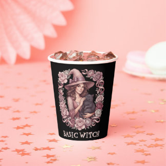Grundlegende Hexe Rosa Florale Hexe & Schwarze Kat Pappbecher