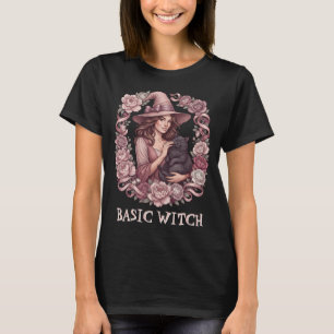 Grundlegende Hexe Rosa Florale Hexe & Schwarze Kat T-Shirt