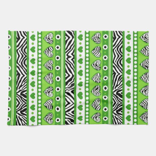 Grüne, abstrakte Zebraherzen und -Punkte Geschirrtuch (Horizontal)