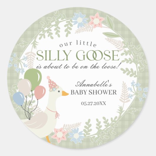 Grüne Alberne Gänse Floral Gingham Baby Dusche Gef Runder Aufkleber (Vorderseite)