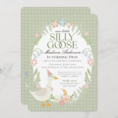 Grüne Alberne Gänse Floral Gingham Birthday Party Einladung (Vorne/Hinten)