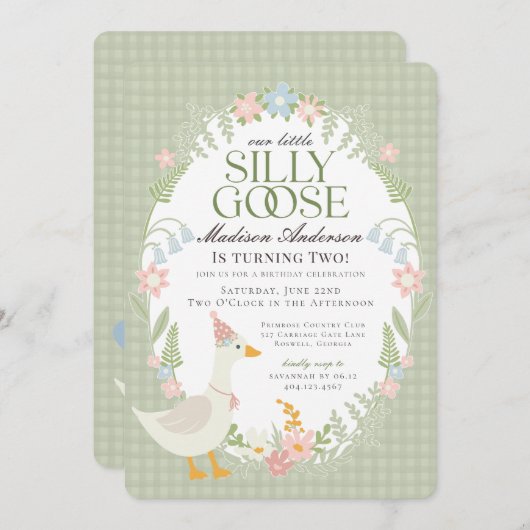 Grüne Alberne Gänse Floral Gingham Birthday Party Einladung (Vorne/Hinten)