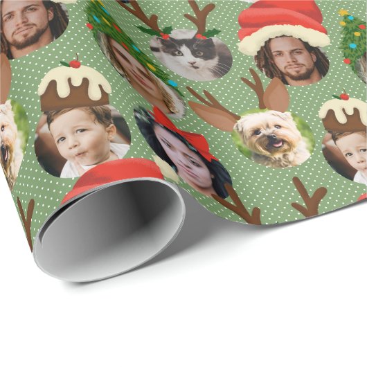 Grüne Alberne Weihnachtshütten Sechs Foto Geschenkpapier (Rolleneckpunkt)